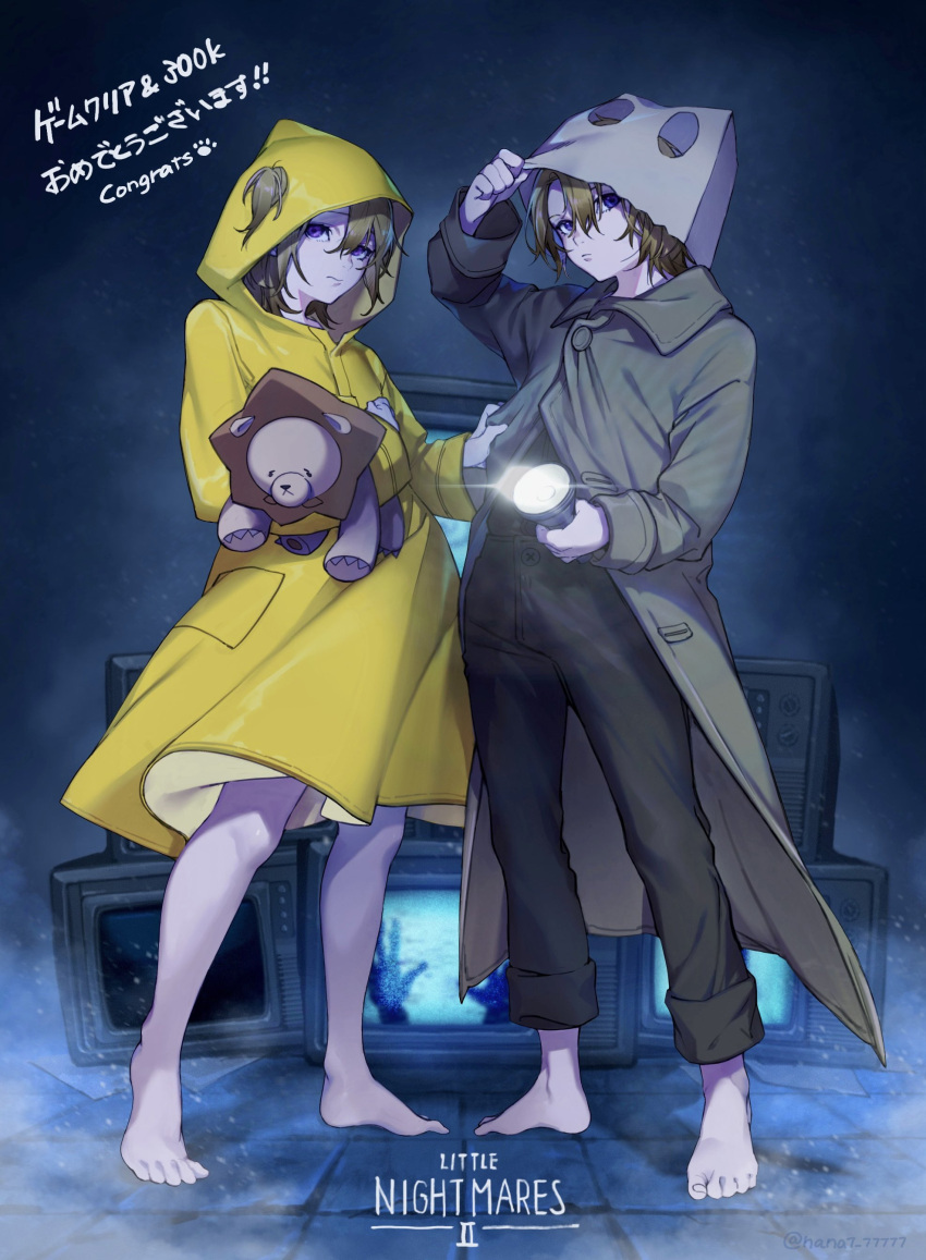 1boy absurdres bag bag_on_head black_pants blonde_hair clone cosplay crossover full_body highres holding holding_lantern holding_stuffed_toy lantern little_nightmares little_nightmares_ii long_sleeves looking_at_viewer luca_kaneshiro male_focus medium_hair mitori_(nana7_77777) mono_(little_nightmares) mono_(little_nightmares)_(cosplay) naked_raincoat nijisanji nijisanji_en pants paper_bag purple_eyes raincoat six_(little_nightmares) six_(little_nightmares)_(cosplay) standing stuffed_animal stuffed_lion stuffed_toy television virtual_youtuber yellow_raincoat younger