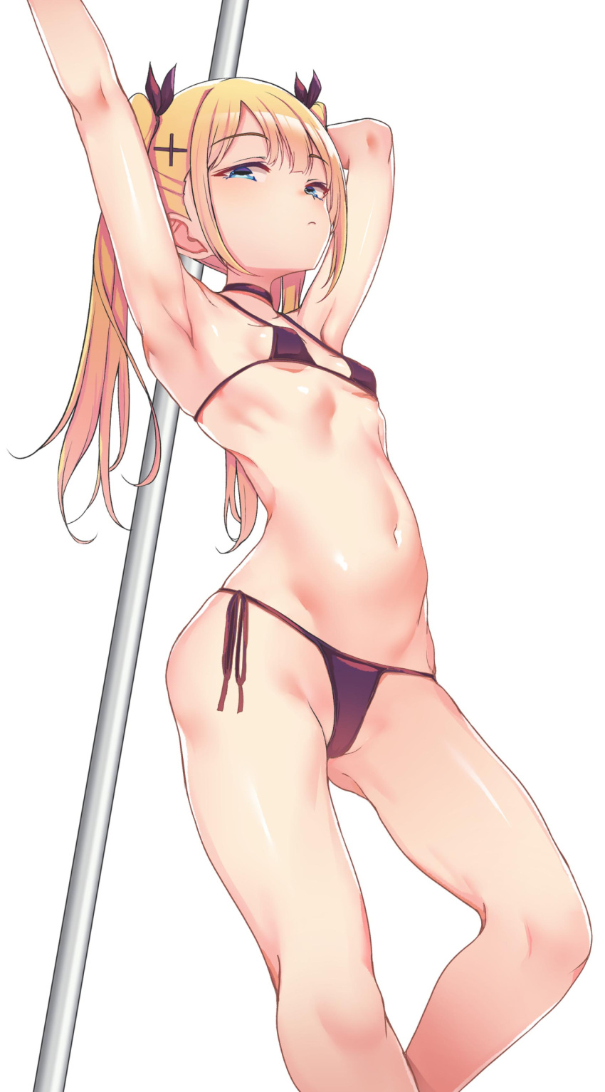 1girl armpits arms_behind_head bangs bikini black_bikini black_ribbon blonde_hair blue_eyes breasts closed_mouth dead_or_alive hair_ornament hair_ribbon highres long_hair looking_at_viewer marie_rose navel petite ribbon side-tie_bikini simple_background small_breasts solo standing suteba_(grzjkbhgf) swimsuit twintails white_background x_hair_ornament