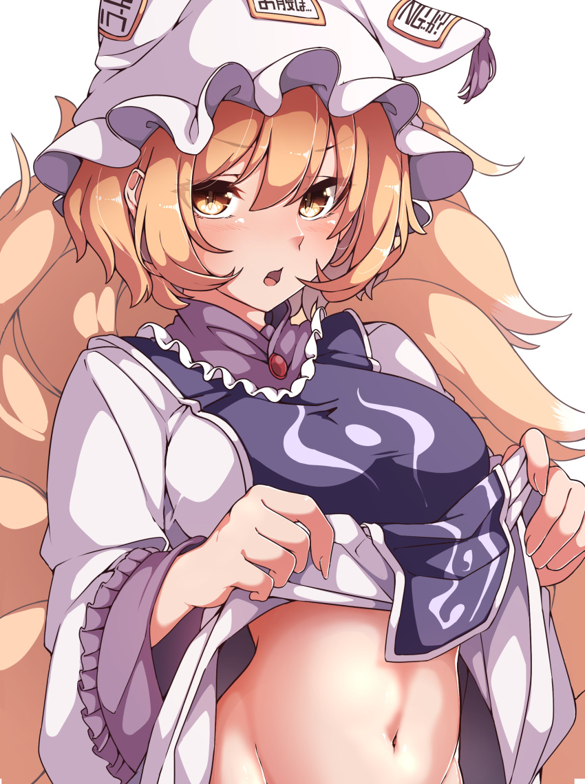 1girl absurdres animal_ears blonde_hair blush breasts clothes_lift dress dress_lift fox_ears fox_tail gokuu_(acoloredpencil) groin hair_between_eyes hat highres large_breasts lifted_by_self long_sleeves multiple_tails navel open_mouth pillow_hat short_hair simple_background solo tabard tail touhou upper_body white_background white_dress white_headwear wide_sleeves yakumo_ran yellow_eyes