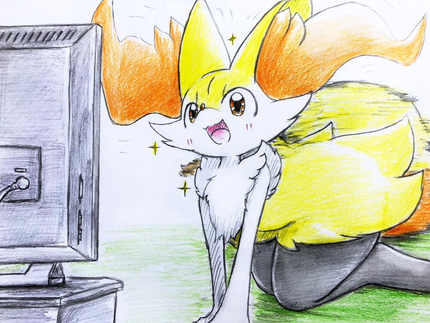 ambiguous_gender anthro blush braixen canid canine eiroru fox hi_res inner_ear_fluff mammal nintendo open_mouth pok&eacute;mon pok&eacute;mon_(species) simple_background smile solo television tuft video_games