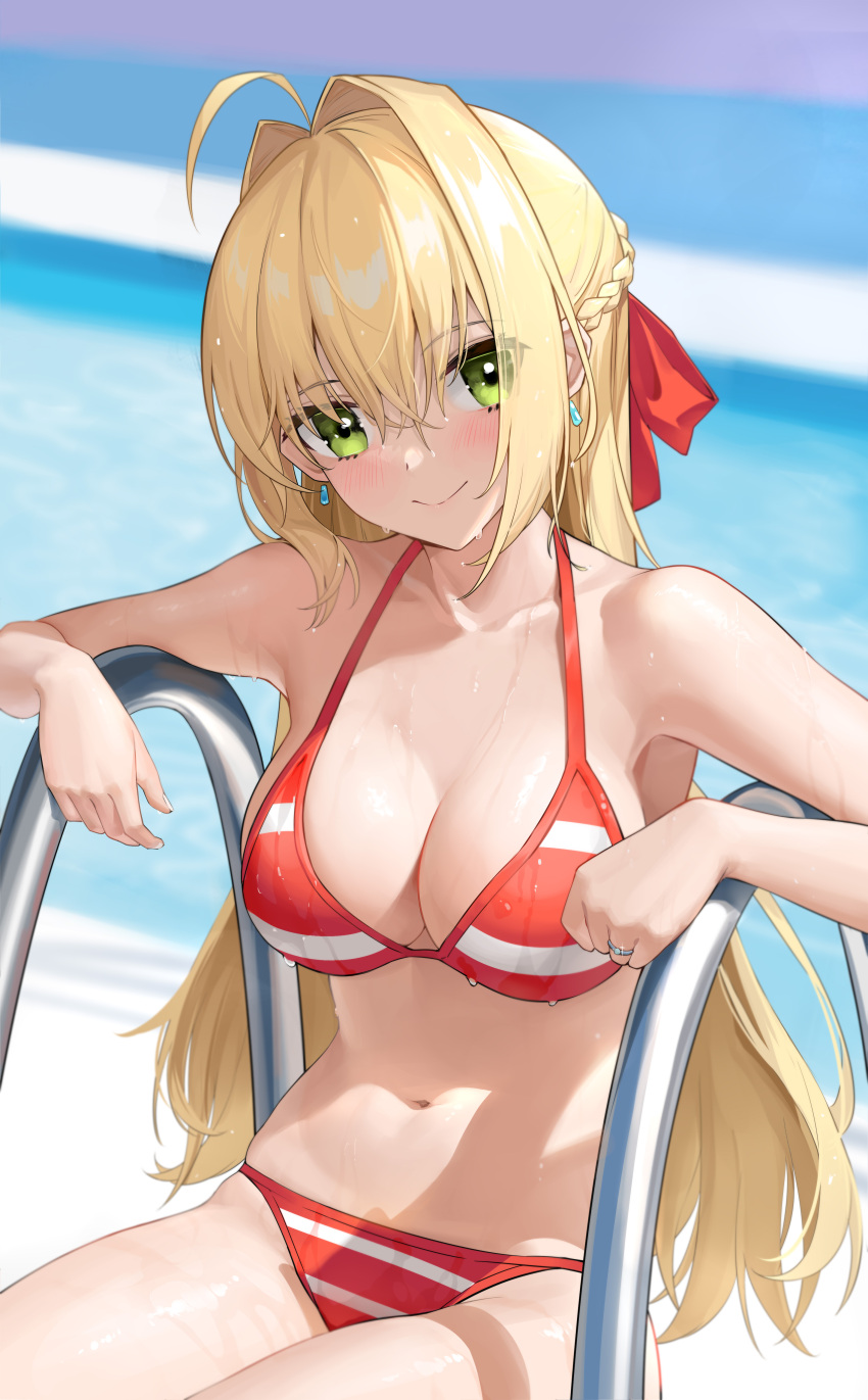 1girl absurdres ahoge armpits bangs bare_arms bare_shoulders bikini blonde_hair blurry blurry_background blush breasts cleavage collarbone day depth_of_field earrings fate/grand_order fate_(series) green_eyes hair_between_eyes hair_intakes highres jewelry large_breasts long_hair looking_at_viewer navel nero_claudius_(fate) outdoors pool_ladder red_bikini ring shenqi_xiao_hong_zai_nali sitting smile solo stomach striped striped_bikini swimsuit very_long_hair wedding_band wet