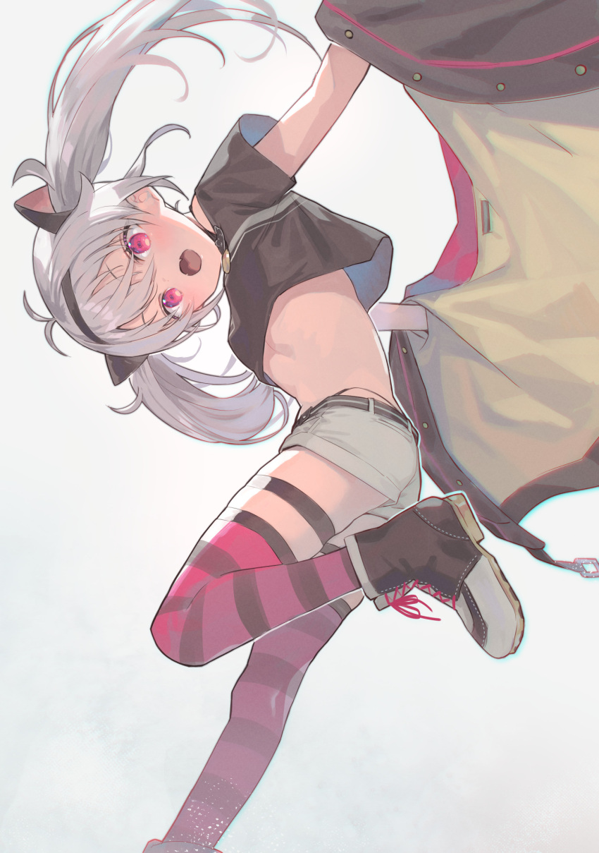 1girl :o antenna_hair belt black_footwear black_shirt breasts crop_top crop_top_overhang fang grey_hair grey_shorts hairband highleg highres jacket leg_up long_hair looking_at_viewer matsukai_mao midriff natsuhiko nijisanji off_shoulder open_clothes open_jacket open_mouth pink_eyes red_legwear shirt shoes short_shorts short_sleeves shorts small_breasts solo stomach striped striped_legwear thigh_strap thighhighs twintails virtual_youtuber