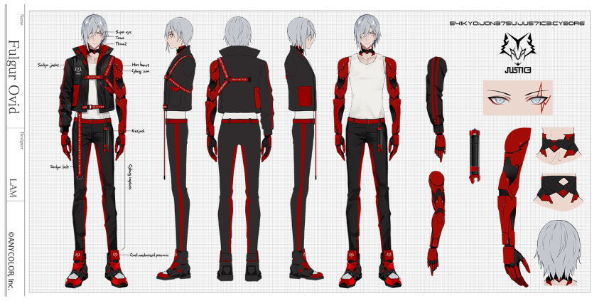 1boy asymmetrical_sleeves belt black_choker black_jacket black_pants character_name character_sheet choker cyborg fulgur_ovid full_body grey_eyes grey_hair hair_over_one_eye jacket lam_(ramdayo) long_sleeves looking_at_viewer mechanical_arms medium_hair multiple_views nijisanji nijisanji_en official_art pants red_belt red_footwear standing virtual_youtuber