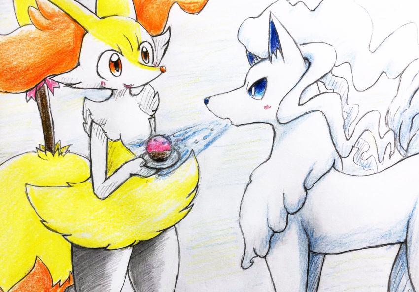 alolan_ninetales ambiguous_gender anthro blue_eyes blush braixen canid canine cupcake duo eiroru feral food fox fur hi_res inner_ear_fluff mammal nintendo pok&eacute;mon pok&eacute;mon_(species) regional_form_(pok&eacute;mon) tuft video_games white_body white_fur