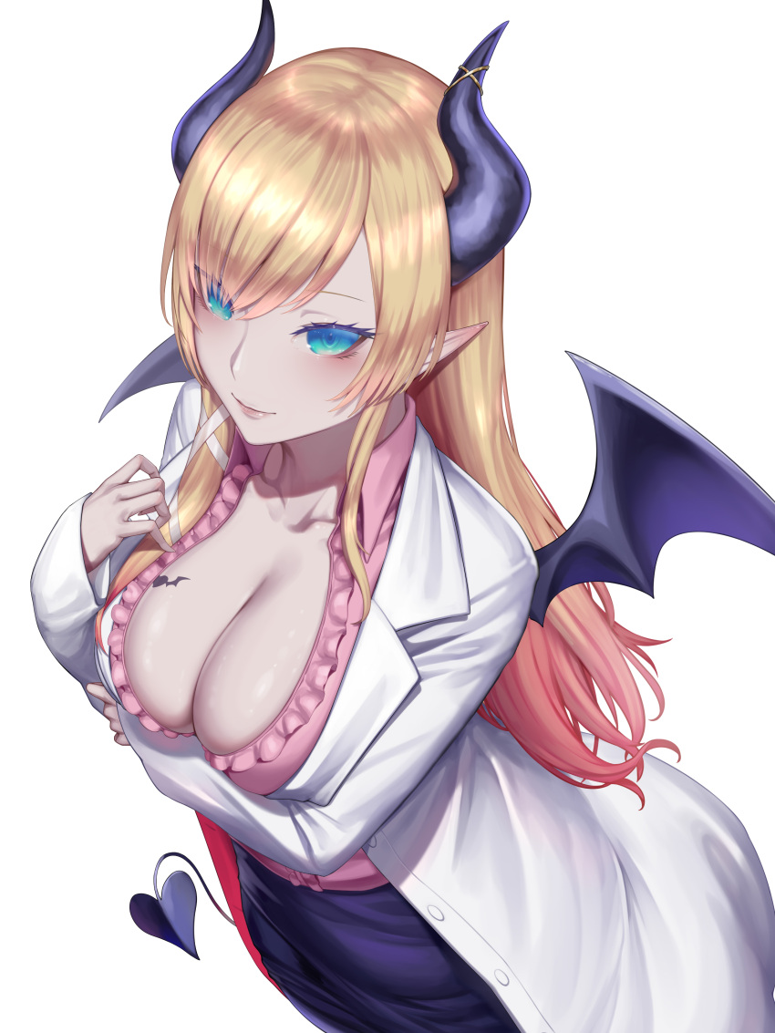 1girl absurdres aqua_eyes bangs black_skirt blonde_hair breast_tattoo breasts cleavage closed_mouth colored_tips demon_girl demon_horns demon_tail demon_wings frilled_shirt frills from_above highres hololive horns kumiko_shiba labcoat large_breasts long_hair multicolored_hair pink_hair pink_shirt pointy_ears shirt skirt solo symbol-only_commentary tail tattoo virtual_youtuber wings yuzuki_choco