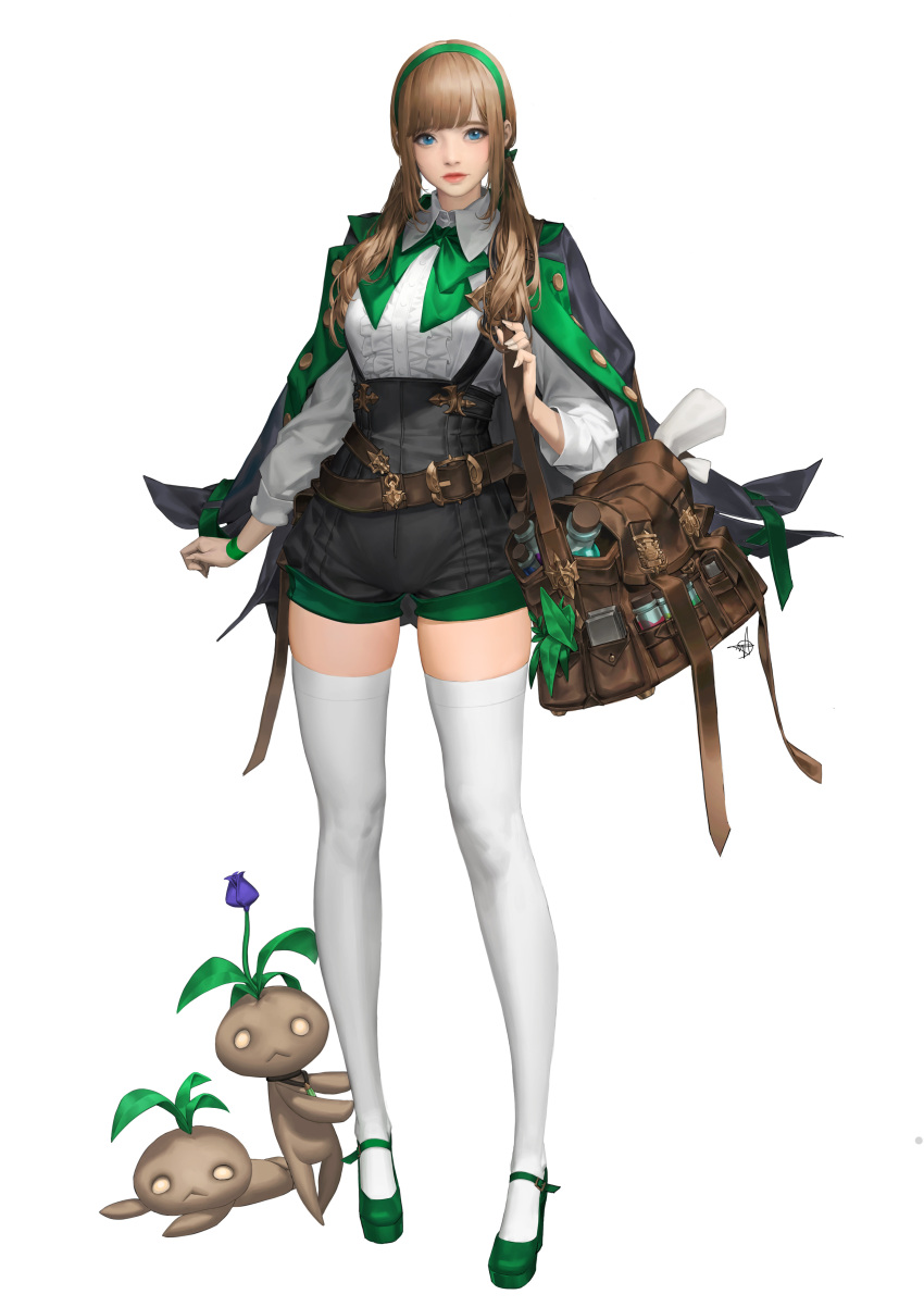 1girl absurdres bag bangs belt black_jacket black_shorts blue_eyes bow bowtie breasts brown_bag brown_belt brown_hair closed_mouth collared_shirt daeho_cha fingernails flower full_body green_bow green_bowtie green_footwear green_hairband hairband high-waist_shorts high_heels highres jacket jacket_on_shoulders leaf long_hair long_sleeves looking_at_viewer medium_breasts oceans&amp;empires official_art parted_bangs purple_flower red_lips shirt shorts signature simple_background solo standing suspender_shorts suspenders thighhighs twintails white_background white_legwear white_shirt zettai_ryouiki