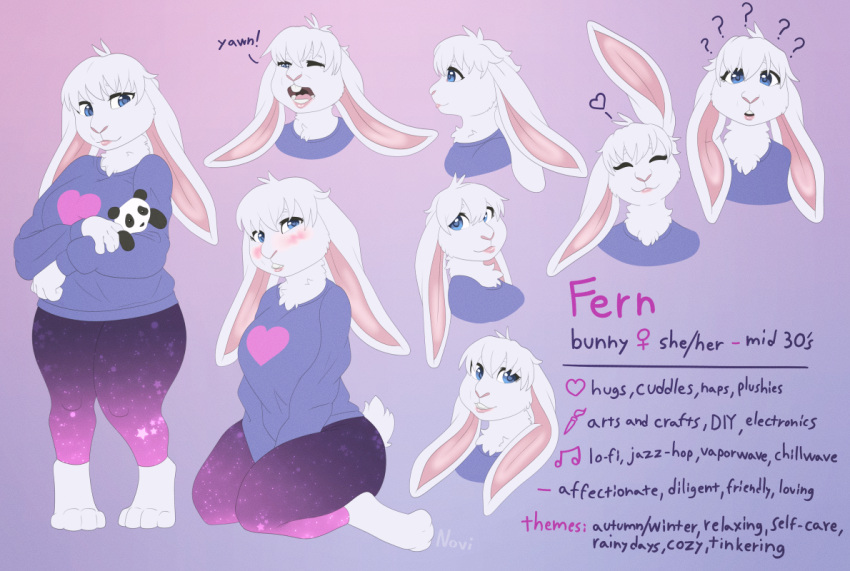 &lt;3 2022 4_toes 5_fingers anthro big_breasts blue_eyes blush breasts buckteeth clothing curvy_figure digital_media_(artwork) english_text feet female fern_(tasanko) fingers fur lagomorph leggings legwear leporid lips long_ears looking_at_viewer mammal model_sheet multiple_poses neck_tuft open_mouth open_smile pink_clothing pink_legwear pink_lips pink_nose plushie pose purple_clothing purple_topwear rabbit short_stack signature smile solo sweater tasanko teeth text thick_thighs toes topwear tuft white_body white_fur wide_hips yawn