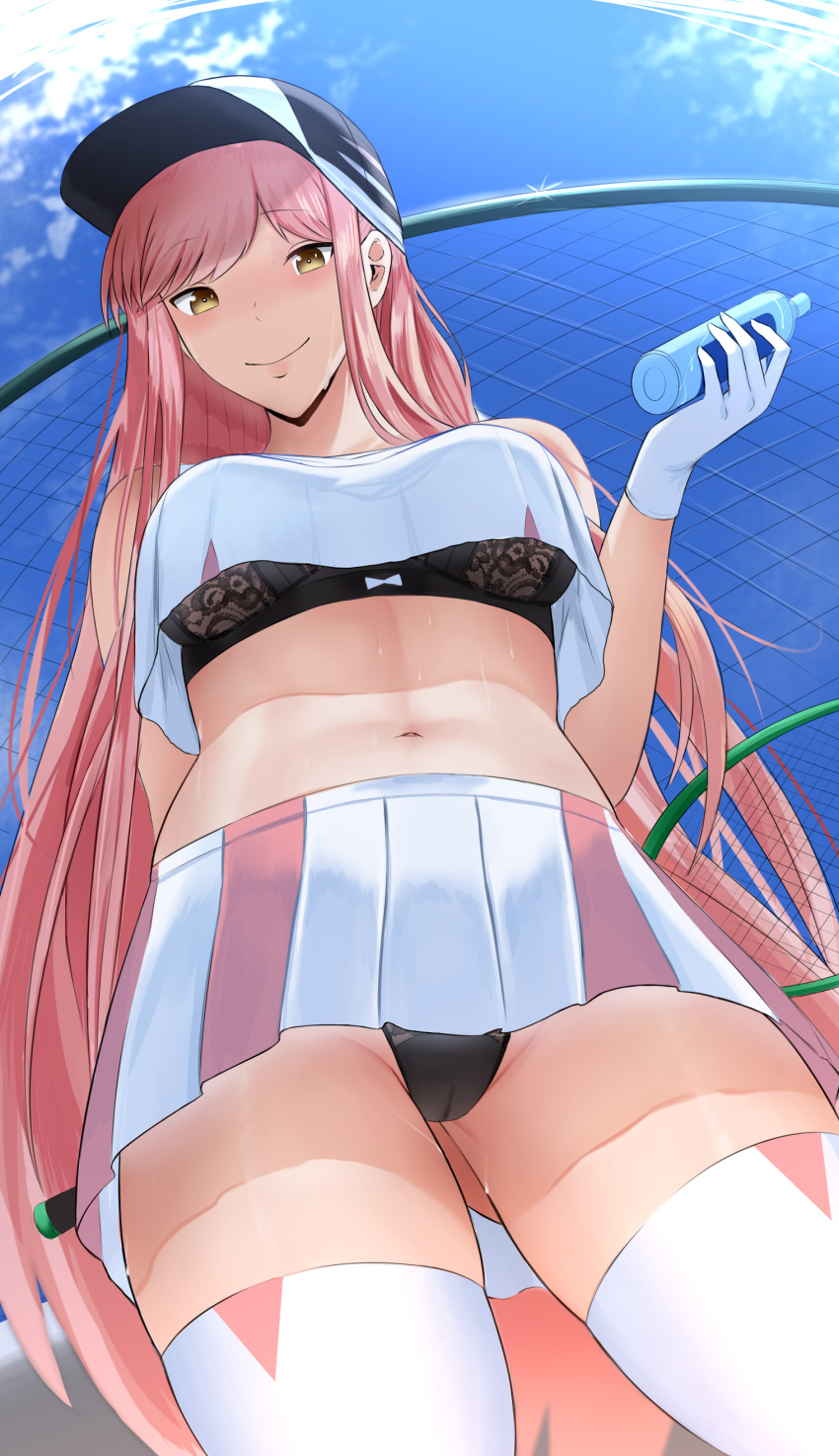 1girl absurdres alternate_costume baseball_cap black_bra black_panties blue_sky bottle bra breasts chain-link_fence closed_mouth commission crop_top crop_top_overhang fate/grand_order fate_(series) fence from_below gloves hat highres holding holding_bottle holding_racket i-chandraws long_hair looking_at_viewer medb_(fate) navel panties pantyshot pink_hair pink_skirt pixiv_request pleated_skirt racket skirt sky smile solo sportswear sweat tennis tennis_racket tennis_uniform thighhighs two-tone_skirt underboob underwear white_gloves white_legwear white_skirt yellow_eyes