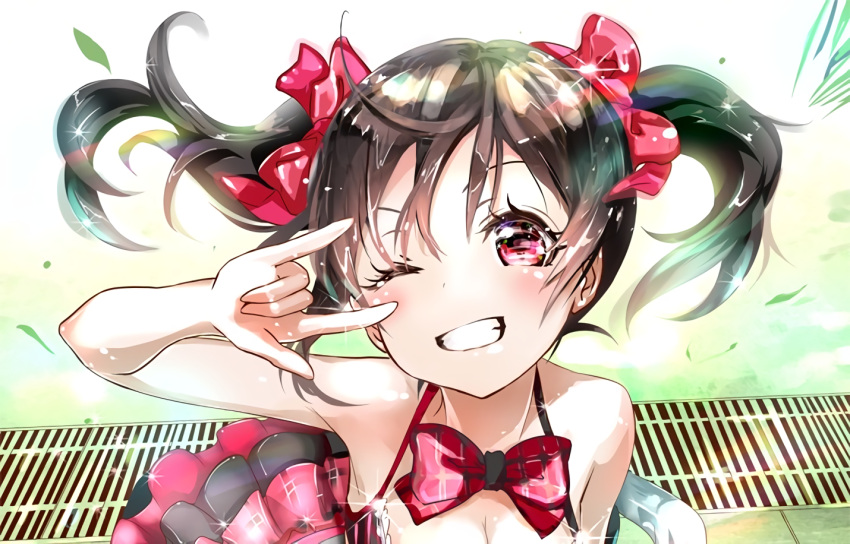 1girl artist_request backlighting bangs bare_shoulders black_hair blush bow bowtie breasts cleavage close-up dress eyelashes from_above grin hair_ribbon halter_dress halterneck hand_up layered_dress leaf light light_particles looking_at_viewer love_live! nico_nico_nii one_eye_closed parted_bangs plaid plaid_bow plaid_bowtie raised_eyebrows red_bow red_bowtie red_dress red_eyes red_ribbon ribbon sewer_grate shadow short_twintails sleeveless sleeveless_dress smile solo source_request sparkle teeth twintails two_side_up wind yazawa_nico