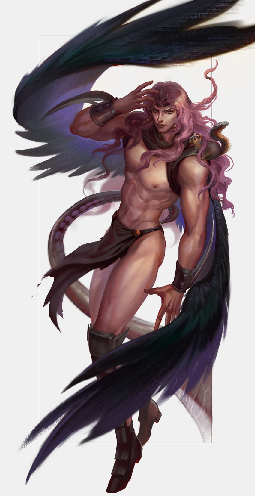 1boy 207 abs animal_on_shoulder arm_up bare_pectorals battle_tendency blue_eyes earrings headpiece highres horns jewelry jojo_no_kimyou_na_bouken kars_(jojo) large_pectorals leg_armor loincloth long_hair looking_at_viewer male_focus muscular muscular_male parted_hair pectorals purple_hair scarf solo squirrel tentacles thick_eyebrows v-shaped_eyebrows vambraces very_long_hair wavy_hair wings