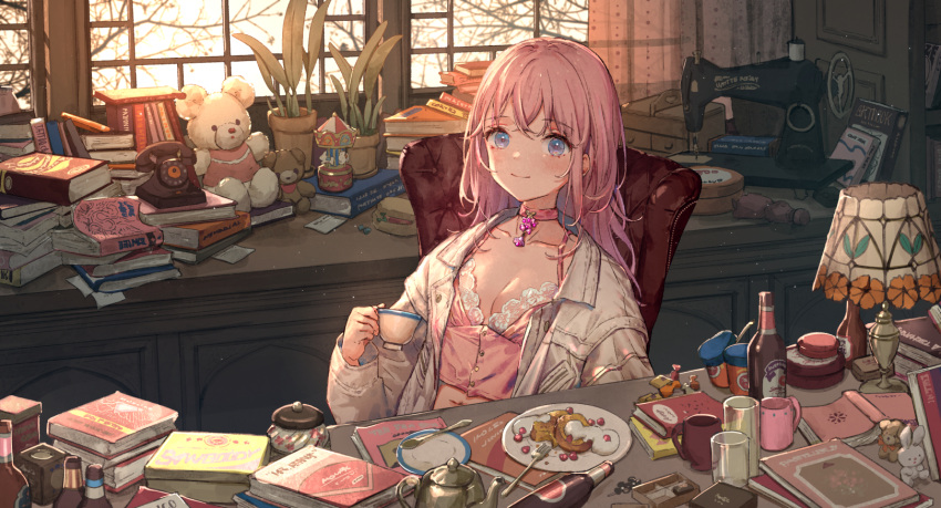 1girl bangs blue_eyes closed_mouth commentary cup english_commentary highres holding holding_cup indoors jacket lamp long_hair long_sleeves looking_at_viewer original pink_hair plant potted_plant sewing_machine sitting smile solo stuffed_animal stuffed_bunny stuffed_toy white_jacket window yutsumoe