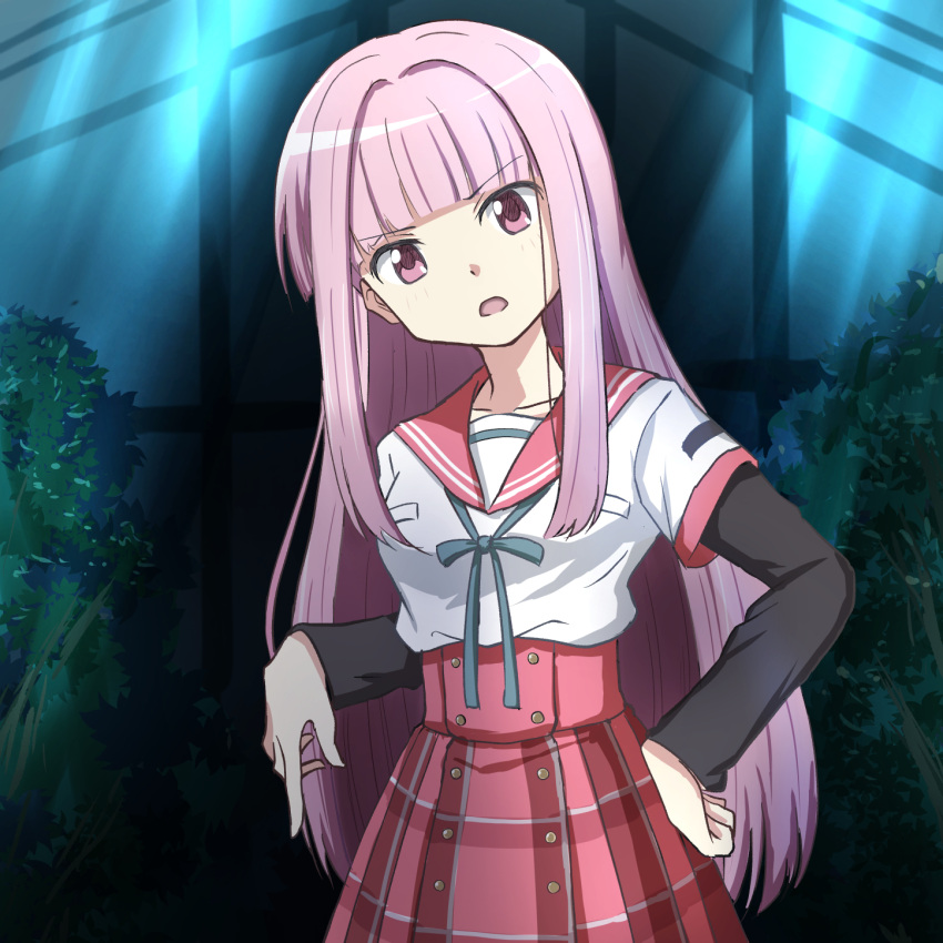 &gt;:( 1girl aqua_ribbon bangs black_sleeves blunt_bangs breast_pocket cowboy_shot derivative_work dot_nose gilcrows greenhouse hair_down hand_on_hip head_tilt highres kamihama_university_affiliated_school_uniform layered_sleeves long_hair long_sleeves looking_at_viewer magia_record:_mahou_shoujo_madoka_magica_gaiden mahou_shoujo_madoka_magica neck_ribbon night open_mouth pink_eyes pink_hair plaid plaid_skirt plant pleated_skirt pocket pointing pointing_down red_sailor_collar red_skirt ribbon sailor_collar school_uniform screencap_redraw serafuku shirt short_over_long_sleeves short_sleeves sidelocks skirt solo tamaki_iroha v-shaped_eyebrows very_long_hair white_shirt