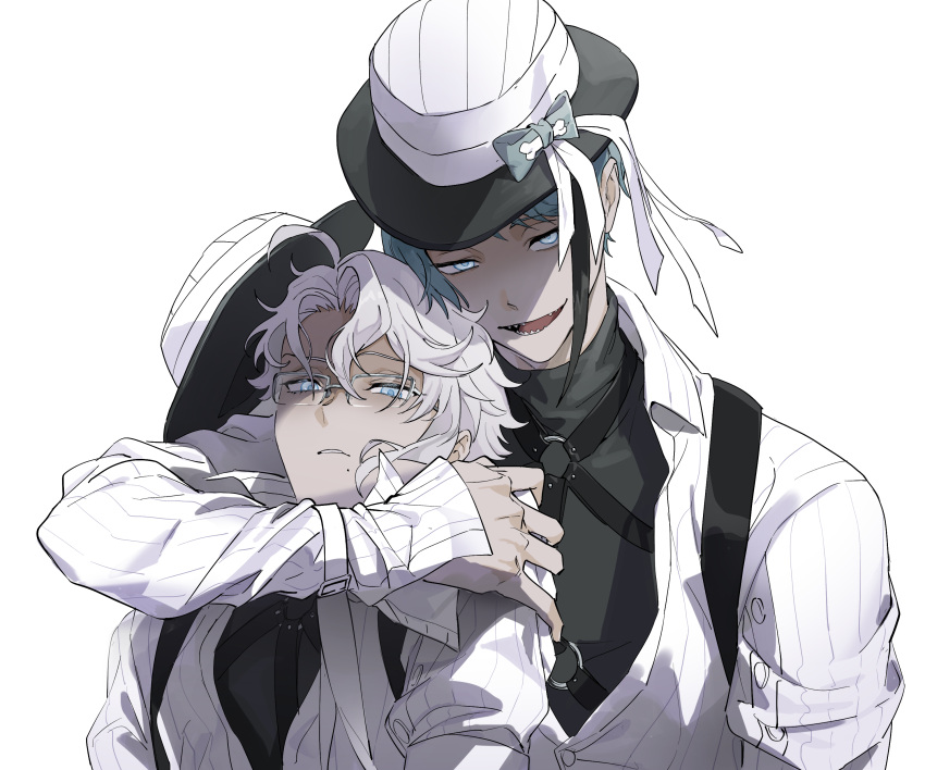 2boys absurdres alternate_eye_color arm_around_shoulder azul_ashengrotto bangs black_hair black_shirt blue_eyes blue_hair bone_hair_ornament bow hair_ornament hand_on_another's_shoulder harness hat hat_bow hat_loss hat_removed headwear_removed highres hug hug_from_behind hyakutennnn jacket jade_leech long_sleeves male_focus mole mole_under_mouth multicolored_hair multiple_boys no_earrings o-ring parted_lips shaded_face sharp_teeth shirt short_hair smirk streaked_hair teeth tight tight_shirt turtleneck twisted_wonderland upper_body white_background white_hair white_headwear white_jacket