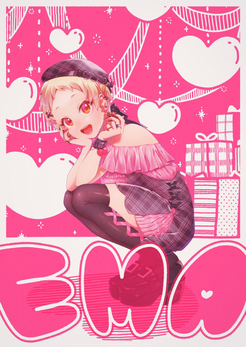 1girl beret blonde_hair box character_name dress earrings frilled_dress frills full_body gift gift_box hand_on_own_cheek hand_on_own_face hat heart highres idolmaster idolmaster_cinderella_girls jewelry looking_at_viewer looking_to_the_side plaid plaid_dress platform_footwear red_eyes ring senzaki_ema short_hair smile solo squatting taidanotori thighhighs
