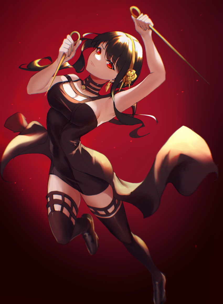 1girl absurdres arm_up armpits bare_arms black_choker black_dress black_footwear black_hair boots breasts choker cleavage closed_mouth dintea dress dual_wielding floating_hair flower full_body hair_flower hair_ornament hairband highres holding holding_weapon medium_breasts red_background red_eyes rose short_dress sidelocks sleeveless sleeveless_dress smile solo spy_x_family thigh_boots waist_cape weapon yellow_flower yellow_hairband yellow_rose yor_briar zettai_ryouiki