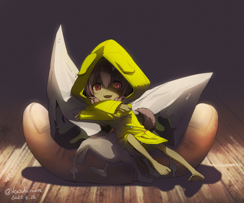 1girl barefoot bone_hair_ornament brown_hair commentary_request cosplay dated dog_girl dog_tail fingernails full_body hair_ornament haruyama_kazunori highres hololive hood hood_up inugami_korone legs listener_(inugami_korone) little_nightmares long_sleeves looking_at_viewer open_mouth raincoat red_eyes six_(little_nightmares) six_(little_nightmares)_(cosplay) smile solo tail toes twitter_username yellow_raincoat
