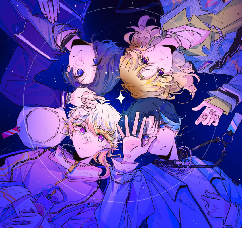 4boys black_hair blonde_hair blue_hair blush closed_mouth freckles green_hair highres hikage_toma kureha_aoi looking_up meo_sazuki misuji_kantaro multicolored_hair multiple_boys open_mouth paradox_live pink_hair purple_eyes sky smile star_(sky) starry_background starry_sky teeth yamato_shogo