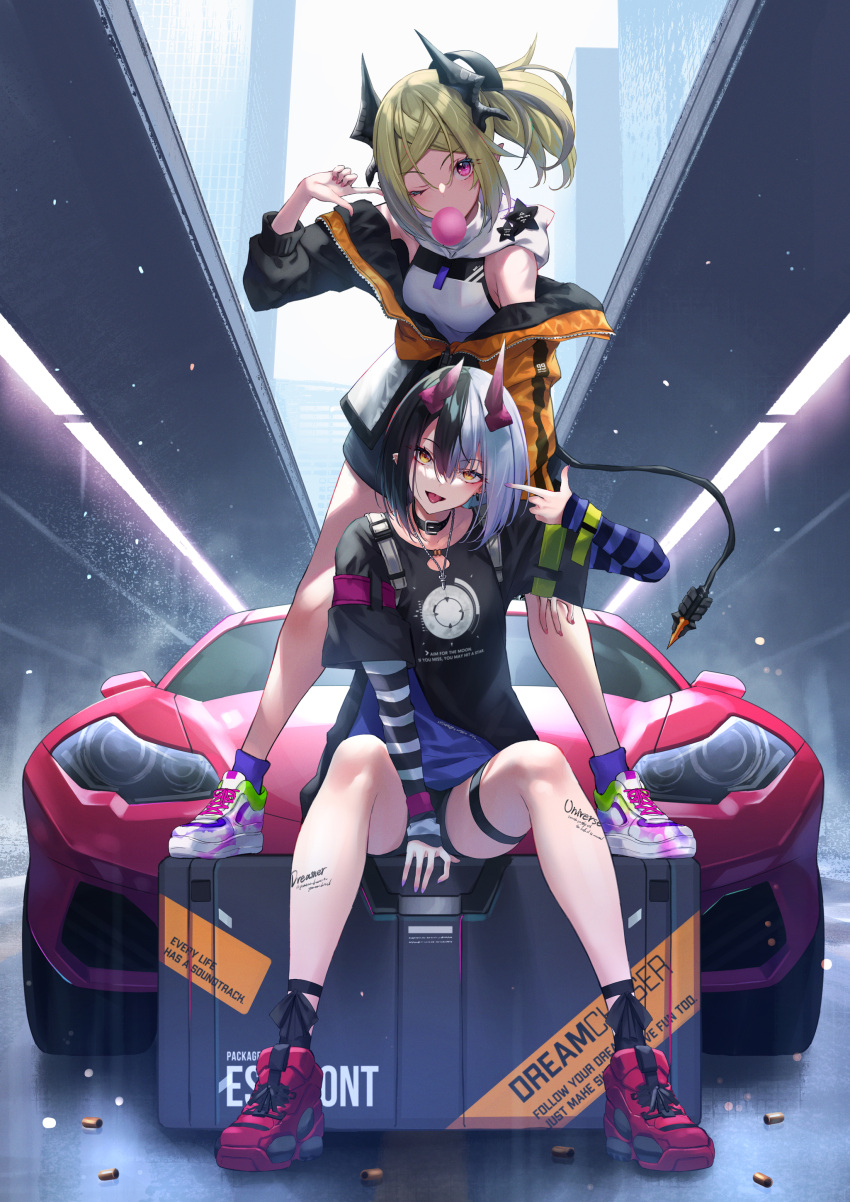 2girls absurdres arm_warmers bangs bare_legs between_legs black_hair blonde_hair building cable cable_tail car character_request chewing_gum copyright_request earrings english_text finger_gun finger_gun_to_head fingernails fukai_ryosuke full_body ground_vehicle hair_between_eyes hand_between_legs highres horns jacket jewelry legs_apart long_hair looking_at_viewer mechanical_tail motor_vehicle multicolored_hair multiple_girls nail_polish necklace off_shoulder on_box one_eye_closed open_clothes open_jacket pink_eyes pink_nails ponytail purple_legwear purple_nails red_footwear shell_casing shoes short_hair shorts sitting skyscraper sneakers socks split-color_hair sports_car standing star_(symbol) striped striped_arm_warmers tail target thigh_strap tie-dye white_footwear white_hair yellow_eyes