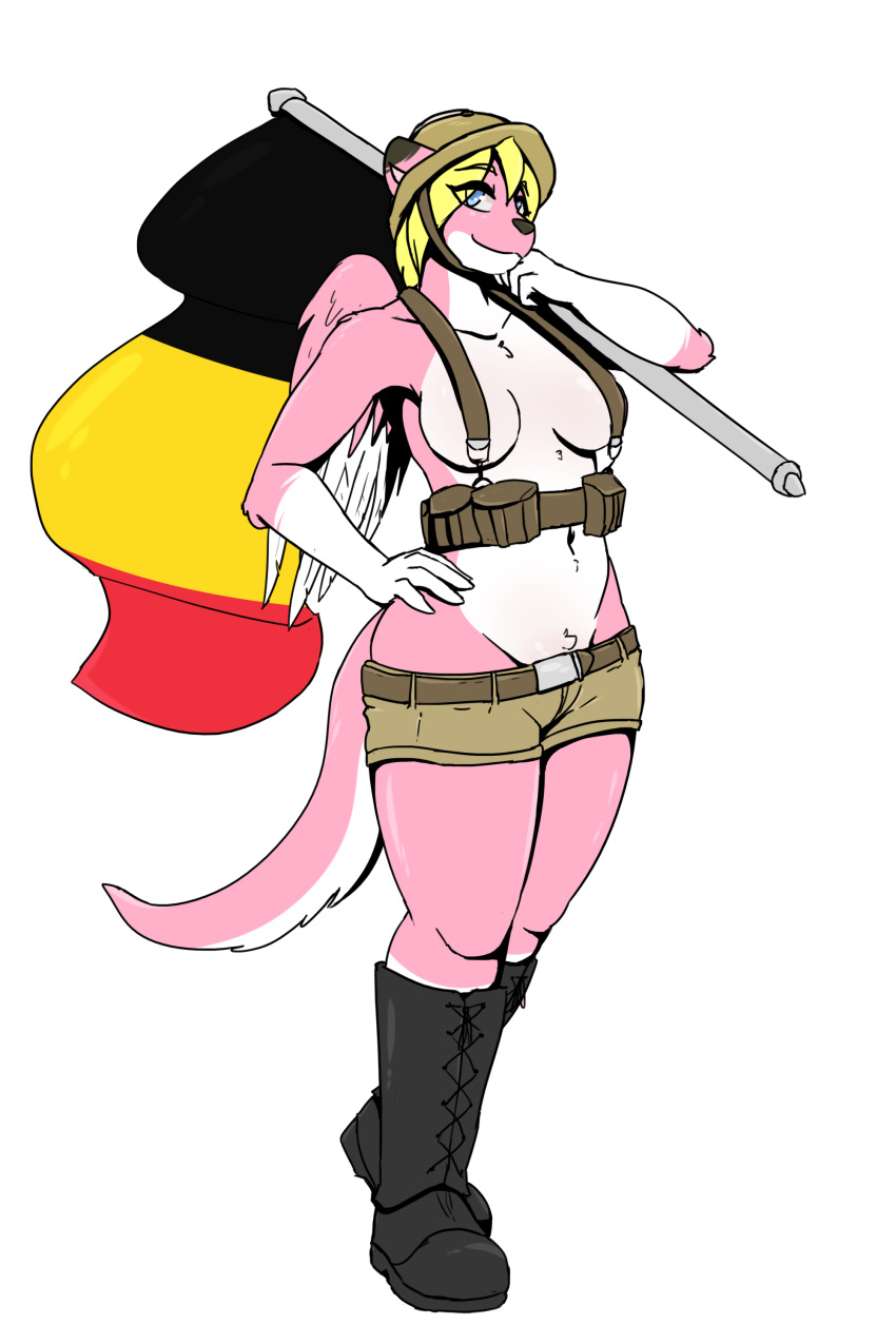 absurd_res anthro armor belgian_flag blonde_hair blue_eyes boots cainesart canid canine canis clothing dragon female flag footwear fur hair headgear helmet hi_res hybrid mammal pink_body pink_fur roketchu solo wings wolf