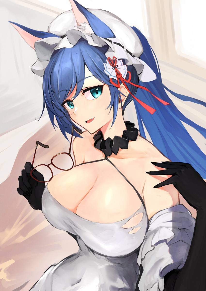 animal_ears azur_lane big_bad_wolf_(grimm) black_gloves blue_eyes blue_hair breasts cleavage day dress fangs fox_ears fox_tail glasses gloves hair_between_eyes hair_ornament highres indoors jintsuu_(azur_lane) jintsuu_(the_gray_wolf's_ploy)_(azur_lane) large_breasts long_hair looking_at_viewer marshall_k moon official_alternate_costume open_mouth removing_eyewear sitting smile tail white_dress window