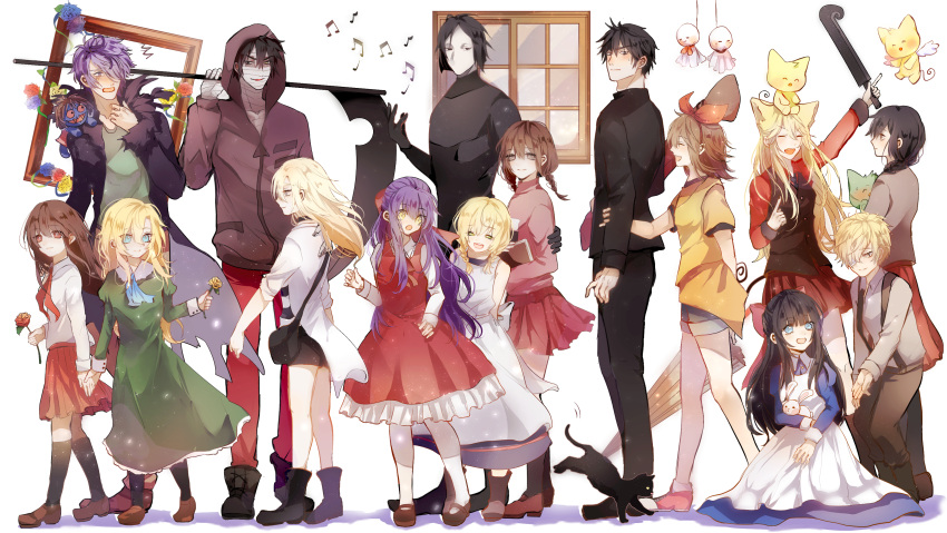 513isa 5boys 6+girls :d :o absurdres animal animal_ears aya_drevis back_bow bandage_over_one_eye bandaged_hand bandages bangs black_cat black_eyes black_hair black_legwear black_necktie blonde_hair blue_eyes blue_flower blue_rose blunt_bangs blush bow braid brown_hair cat chinese_commentary closed_eyes collar collarbone collared_shirt defect_mogeko dio_(mad_father) doll_(ib) dress ellen_(majo_no_ie) eyes_visible_through_hair flower frilled_collar frilled_dress frills full_body garry_(ib) green_dress green_eyes green_shirt hair_between_eyes hair_bow hair_over_one_eye hand_on_another's_shoulder heterochromia highres holding holding_animal holding_flower holding_hands holding_scythe holding_weapon hood hood_up hoodie ib ib_(ib) isaac_foster jacket kanzaki_shiori kirisame_ga_furu_mori kneehighs kurai_yonaka long_hair long_sleeves mad_father madotsuki majo_no_ie mary_(ib) medium_hair moge-ko mogeko_(mogeko_castle) mogeko_castle multiple_boys multiple_girls musical_note necktie no_mouth picture_frame purple_eyes purple_hair rabbit rachel_gardner red_bow red_dress red_eyes red_flower red_rose red_shirt rose satsuriku_no_tenshi scythe sekomumasada_sensei sharp_teeth shirt short_hair short_sleeves shorts sidelocks sleeveless sleeveless_dress smile striped striped_shirt suga_koutarou suspenders sweat sweater teeth teruterubouzu torn_clothes torn_coat trait_connection umbrella very_long_hair vest viola_(majo_no_ie) weapon white_background white_dress window yellow_eyes yellow_flower yellow_rose yume_nikki