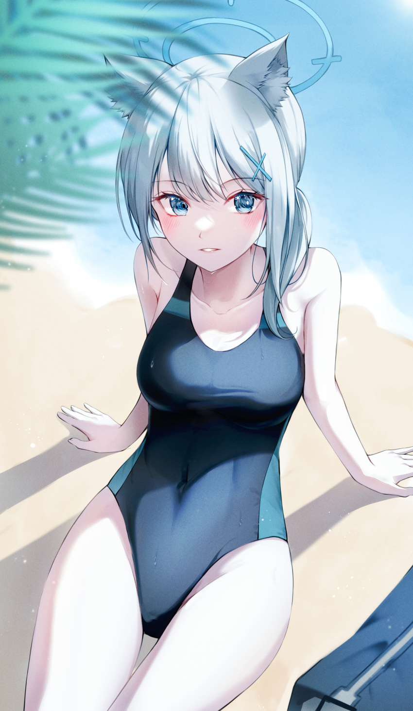 1girl absurdres animal_ear_fluff animal_ears arm_support bag bare_arms beach blue_archive blue_eyes blurry blurry_background blush competition_swimsuit covered_navel cowboy_shot cross_hair_ornament day duffel_bag eujin grey_hair hair_ornament halo highleg highleg_swimsuit highres iro_(iro_252_) leaf leaning_back looking_at_viewer medium_hair mismatched_pupils one-piece_swimsuit outdoors parted_lips shiroko_(blue_archive) shiroko_(swimsuit)_(blue_archive) sidelocks sitting solo swimsuit thigh_gap thighs two-tone_swimsuit