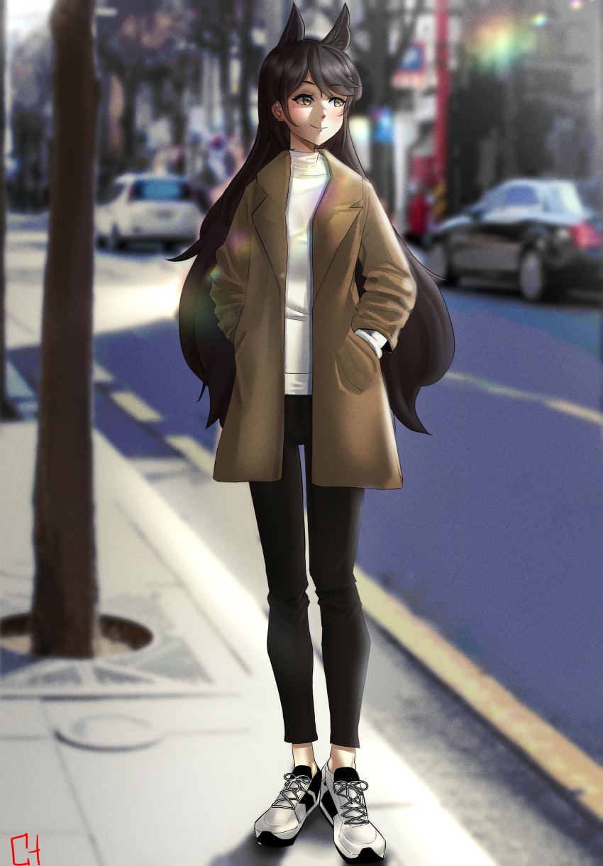 1girl absurdres alternate_costume animal_ears artist_name atago_(azur_lane) azur_lane bangs black_hair black_pants blurry blurry_background blush breasts brown_coat brown_eyes car casual choister closed_mouth coat full_body ground_vehicle hands_in_pockets highres long_hair long_sleeves looking_away mole mole_under_eye motor_vehicle open_clothes open_coat pants road scenery shirt shoes smile sneakers solo standing street tree turtleneck white_footwear white_shirt