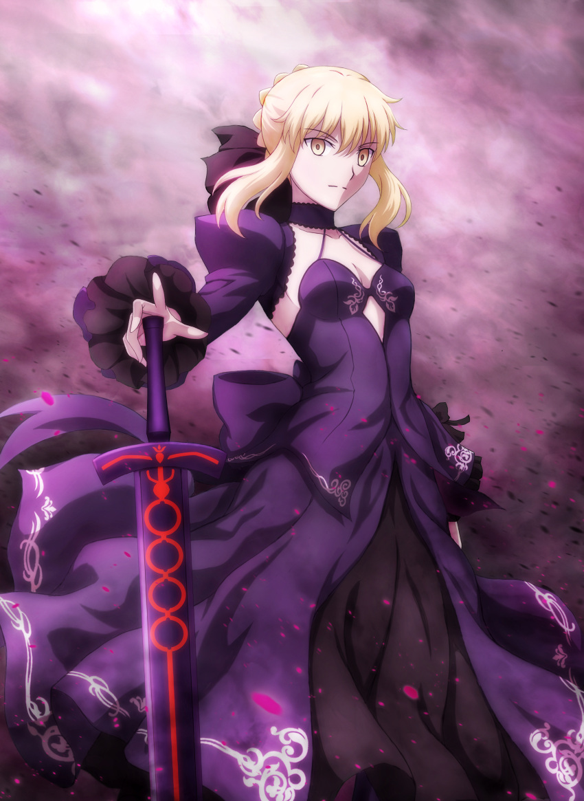 1girl absurdres artoria_pendragon_(fate) bangs black_bow black_dress blonde_hair bow breasts cameron_(pawoo) choker closed_mouth collarbone dress excalibur_morgan_(fate) fate/stay_night fate_(series) hair_between_eyes hair_ornament hair_ribbon highres long_dress long_sleeves looking_at_viewer open_clothes open_dress ribbon saber_alter short_hair sidelocks small_breasts smile solo standing weapon yellow_eyes