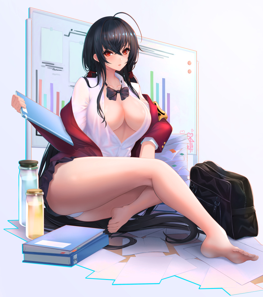 1girl absurdres ahoge azur_lane bangs bar_graph bare_legs barefoot binder black_bag black_bow black_bowtie black_hair black_skirt bottle bow bowtie breasts cleavage crossed_bangs feet full_body hair_between_eyes hair_ribbon highres holding holding_notebook jacket kangaruu_(momotk1109) large_breasts legs long_hair looking_at_viewer notebook off_shoulder panties paper parted_lips red_eyes red_jacket red_ribbon ribbon shirt sidelocks sitting skirt solo taihou_(azur_lane) thighs twintails unbuttoned unbuttoned_shirt underwear very_long_hair white_background white_panties white_shirt whiteboard