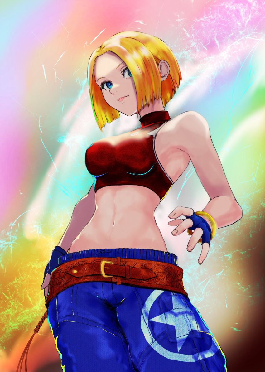 1girl baggy_pants bangs belt beltskirt blonde_hair blue_eyes blue_mary bob_cut breasts closed_mouth cowboy_shot crop_top denim fatal_fury fingerless_gloves from_below gloves highres jeans looking_at_viewer loose_belt lowleg lowleg_pants medium_breasts medium_hair midriff navel pants parted_bangs parted_hair red_shirt shirt sleeveless solo straight_hair the_king_of_fighters turtleneck yuu_(primenumber7)