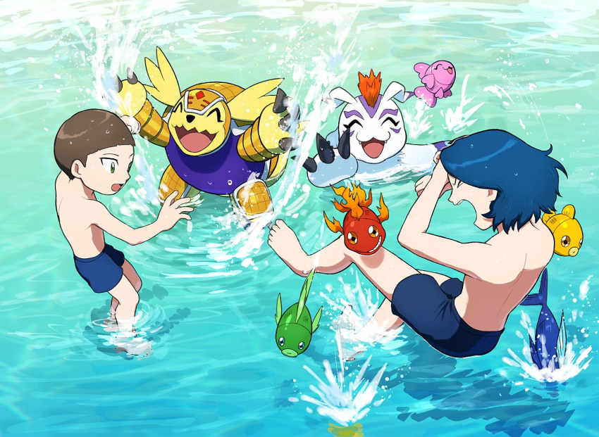 armadillomon bandai_namco beach bottomwear clothing cody_hida digimon digimon_(species) feral fur gomamon group hair hsnkz809 human joe_kido male mammal red_hair seaside shorts splashing swimwear water white_body white_fur yellow_body