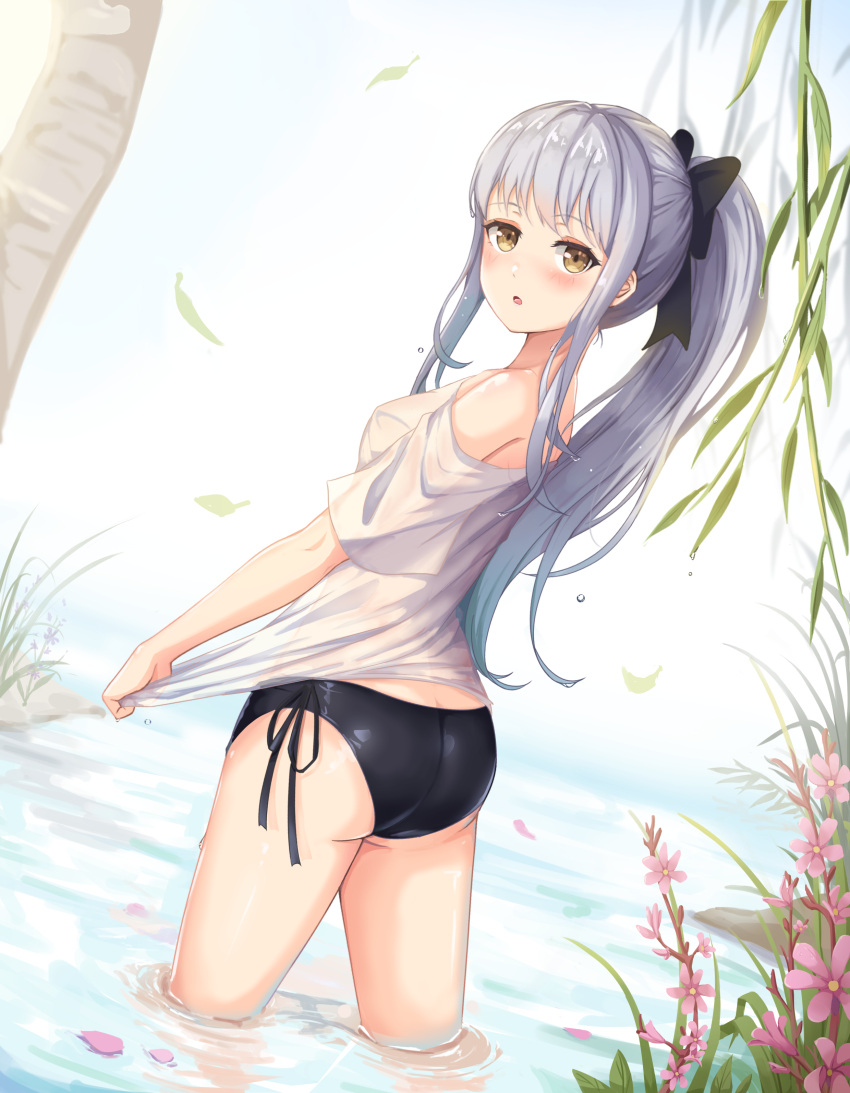 1girl :o absurdres alternate_hairstyle ass bang_dream! bangs bare_shoulders bikini bikini_bottom_only black_bikini black_bow blush bow breasts commentary cowboy_shot day dutch_angle falling_leaves flower from_behind grey_hair hair_bow highres jihi leaf long_hair looking_at_viewer looking_back minato_yukina off-shoulder_shirt off_shoulder outdoors parted_lips petals petals_on_liquid pink_flower ponytail see-through shirt shirt_tug short_sleeves side-tie_bikini sidelocks small_breasts solo standing swimsuit tree wading water_drop wet wet_clothes wet_hair wet_shirt white_shirt