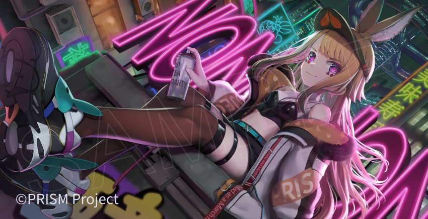 animal_ears anon_non belt blonde_hair club_(shape) diamond_(shape) fur-trimmed_jacket fur_trim halter_top halterneck heart heart-shaped_pupils jacket neon_lights off_shoulder official_art papi_(anon_non) playing_card_theme prism_project purple_eyes rabbit_ears rabbit_girl sample_watermark spade_(shape) spray_can sunga2usagi symbol-shaped_pupils thigh_strap thighhighs virtual_youtuber