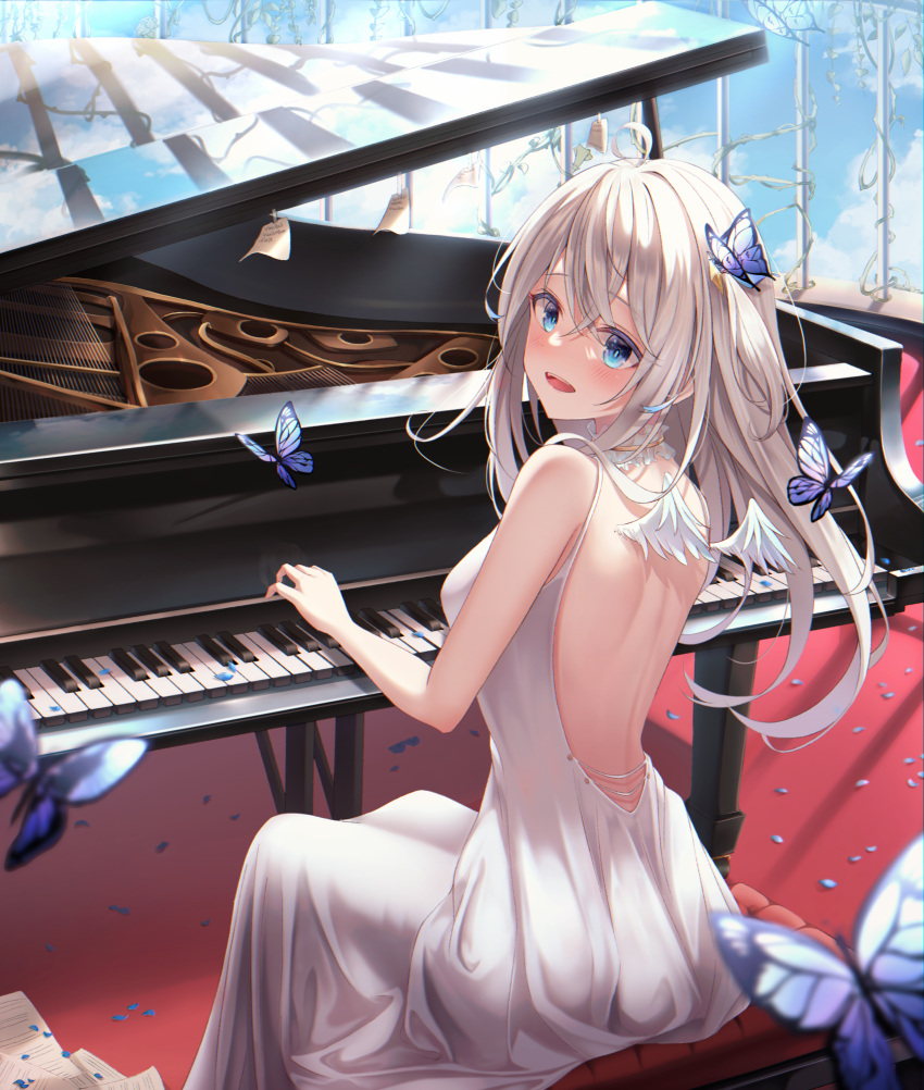 1girl :d backless_dress backless_outfit bangs blue_eyes breasts bug butterfly cage choker crossed_bangs dress from_behind highres instrument long_hair looking_at_viewer looking_back mini_wings music one_side_up original petals piano piano_bench plant playing_instrument sheet_music sira_(user_dswn7488) sitting sleeveless sleeveless_dress smile solo vines white_choker white_dress white_hair white_wings wings
