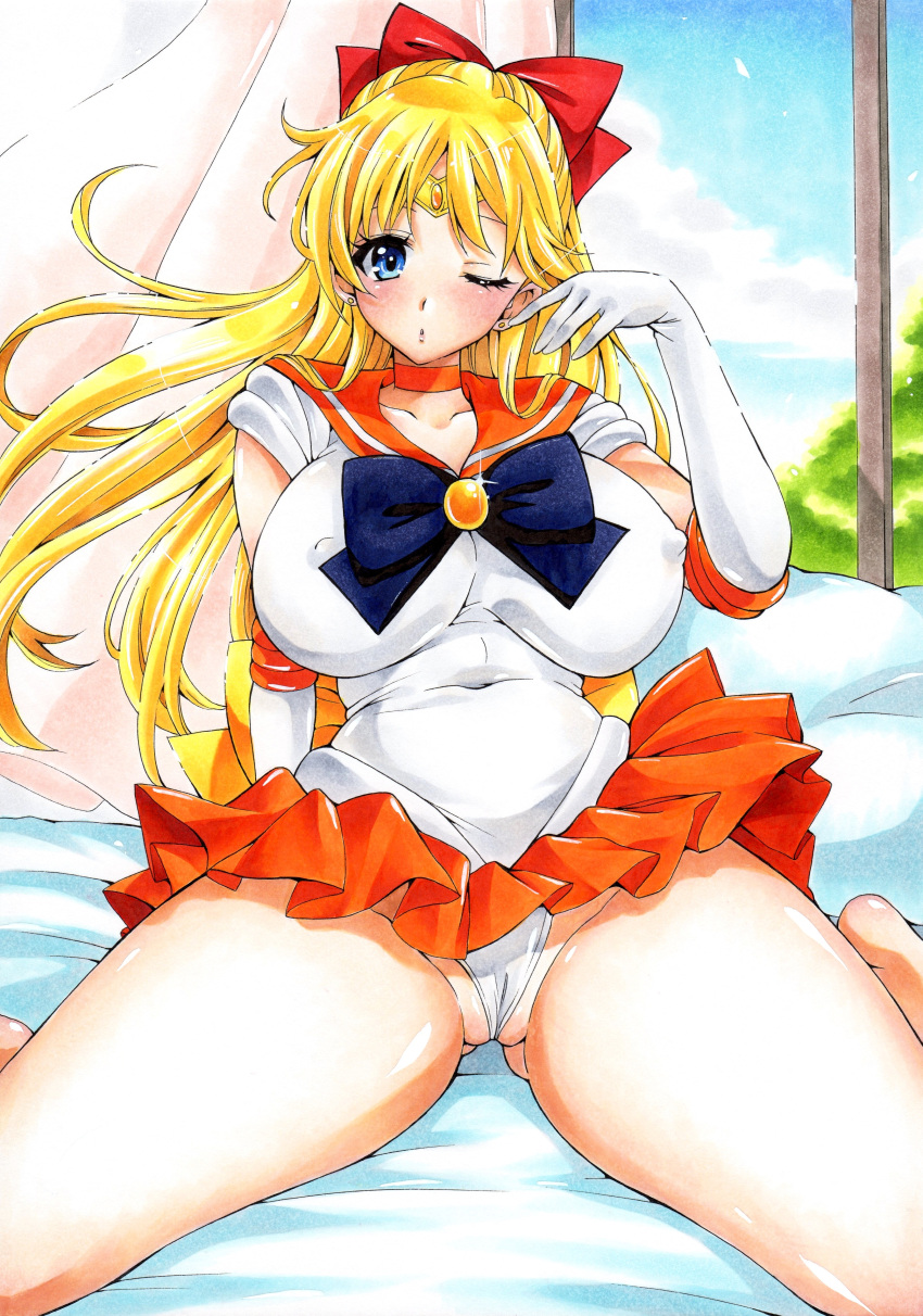 1girl :o absurdres aino_minako bed bishoujo_senshi_sailor_moon blonde_hair blue_bow blue_eyes bow breasts cameltoe cloud covered_nipples day elbow_gloves gloves hair_bow highres hmdark-9 large_breasts legs leotard long_hair looking_at_viewer navel one_eye_closed panties red_bow sailor_venus school_uniform serafuku sitting sky solo traditional_media underwear very_long_hair wariza white_gloves white_panties window