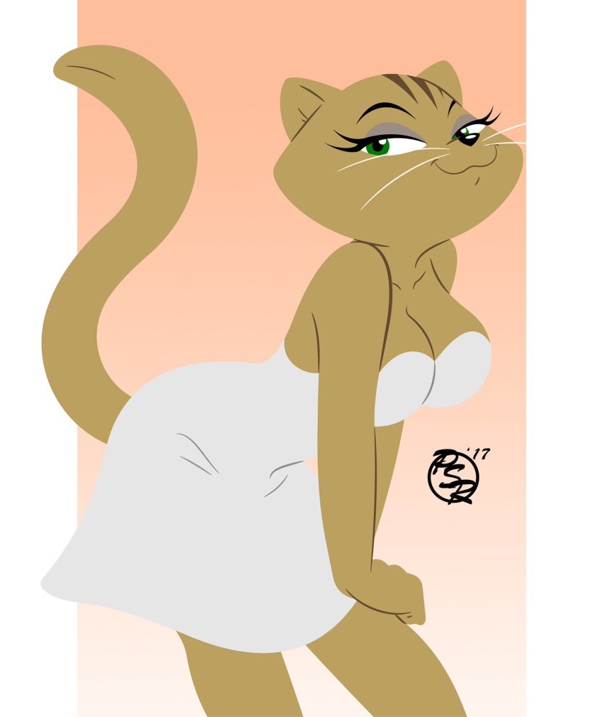 anthro black_nose breasts clothing domestic_cat dress felid feline felis female fur green_eyes half-closed_eyes hi_res looking_at_viewer mammal metro-goldwyn-mayer narrowed_eyes pierre_redmon smile solo stripes tan_body tan_fur tom_and_jerry white_clothing yvonne_jockalong