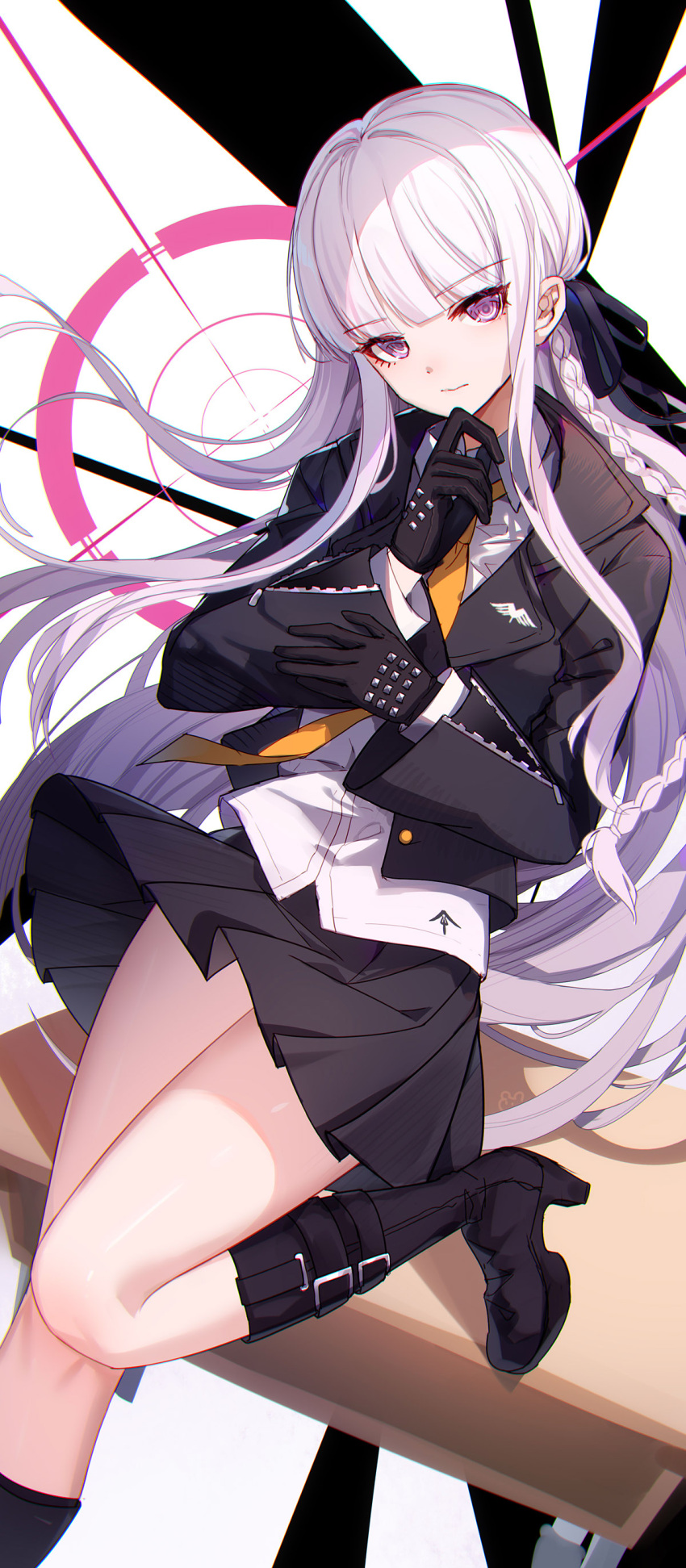 1girl absurdres bangs bison_cangshu black_footwear black_gloves black_jacket black_ribbon black_skirt boots braid danganronpa:_trigger_happy_havoc danganronpa_(series) gloves hair_ribbon hand_up highres jacket kirigiri_kyouko knee_boots long_hair looking_at_viewer miniskirt necktie open_clothes open_jacket orange_necktie pleated_skirt purple_eyes purple_hair ribbon shirt side_braid skirt smile white_shirt