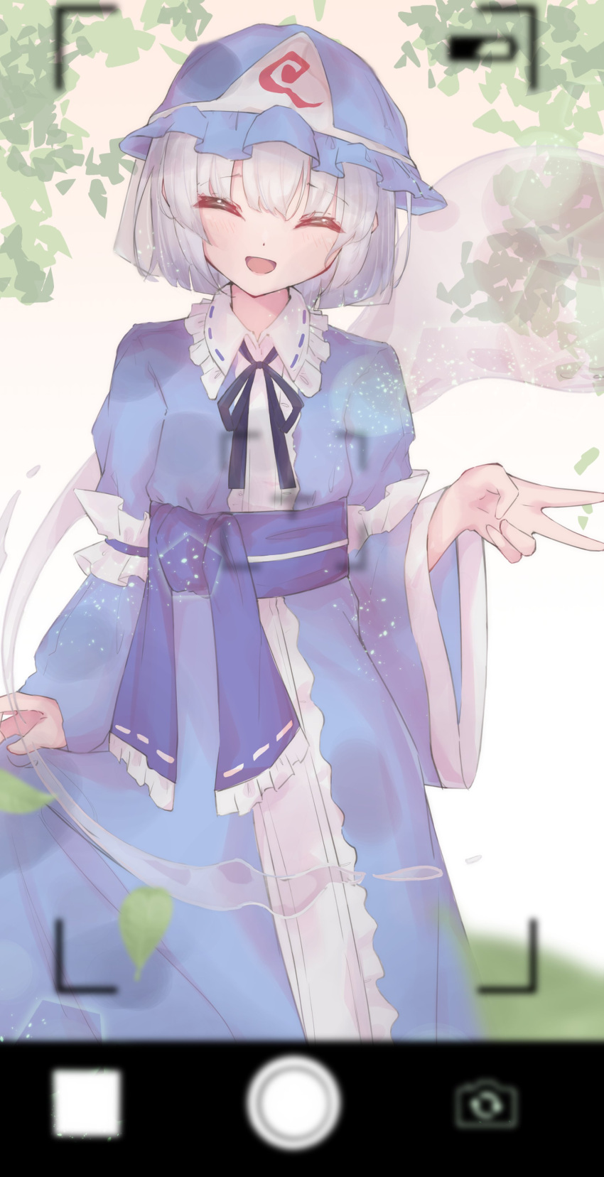 1girl :d absurdres bangs blue_headwear blue_kimono blue_sash closed_eyes cosplay ghost grey_hair highres japanese_clothes kimono konpaku_youmu konpaku_youmu_(ghost) long_sleeves matcha_yado open_mouth outdoors saigyouji_yuyuko saigyouji_yuyuko_(cosplay) sash short_hair smile solo standing touhou triangular_headpiece v viewfinder wide_sleeves