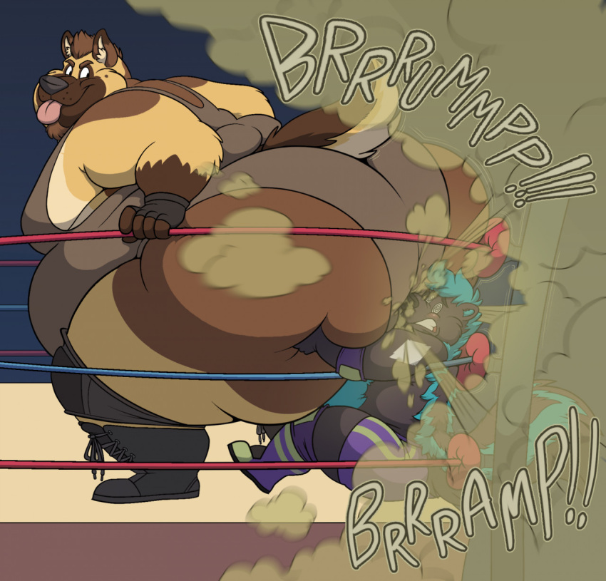 anthro big_butt big_moobs black_body black_fur blue_body blue_fur brown_body brown_fur butt butt_grab butt_in_face butt_smother canid canine canis chubby_anthro chubby_belly chubby_cheeks chubby_male dizzy domestic_dog duo facial_hair fart fart_cloud fart_fetish fart_sniffing farting_on_face female fighting_ring flatulance fur gas german_shepherd goatee hand_on_butt herding_dog hi_res huge_butt huge_thighs humiliation looking_at_another looking_back looking_pleasured male male/female mammal mephitid moobs multicolored_body multicolored_fur nonbinary_(lore) overweight overweight_male pastoral_dog playful presenting presenting_hindquarters public raised_tail size_difference size_play skunk slushbear smashing smothering sound_effects squish tan_body tan_fur thick_thighs tongue tongue_out unconscious wide_hips wrestling wrestling_outfit