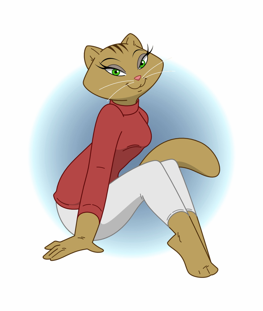 anthro bottomwear breasts clothing domestic_cat felid feline felis female fur green_eyes half-closed_eyes hi_res leggings legwear looking_at_viewer mammal metro-goldwyn-mayer narrowed_eyes pants pierre_redmon pink_nose red_clothing red_topwear smile solo stripes tan_body tan_fur tom_and_jerry topwear white_bottomwear white_clothing white_leggings white_legwear white_pants yvonne_jockalong