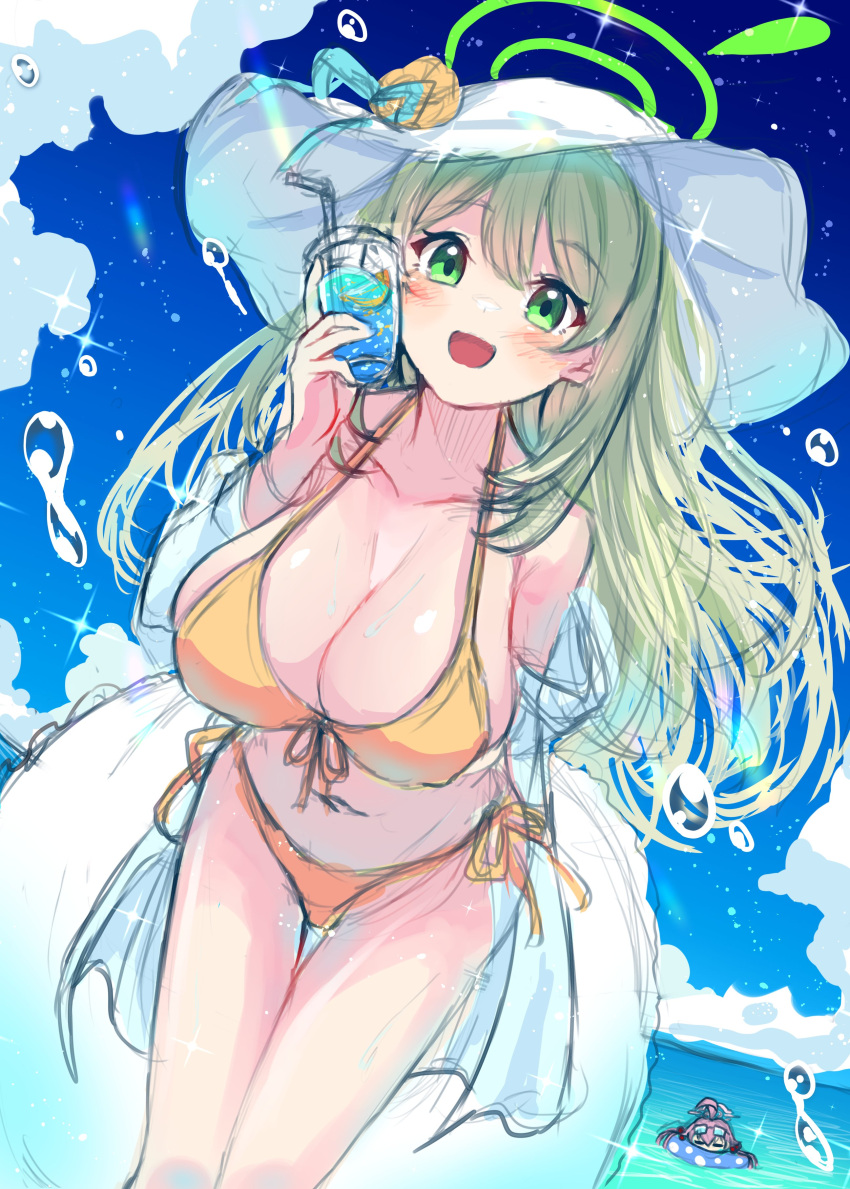 2girls :d absurdres ahoge bikini blue_archive blue_sky blush breasts cup cup_to_cheek flower green_eyes halo hat hat_flower highres holding holding_cup hoshino_(blue_archive) huge_ahoge innertube jacket large_breasts light_brown_hair looking_at_viewer multiple_girls nonomi_(blue_archive) nonomi_(swimsuit)_(blue_archive) pink_hair see-through see-through_jacket side-tie_bikini sky smile sun_hat swimsuit take-run-atelier water white_headwear yellow_bikini