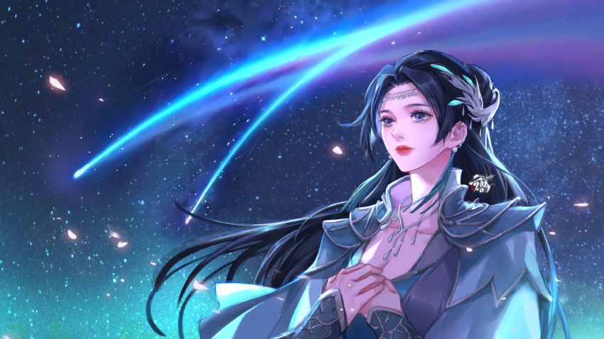 1girl bad_link black_hair blue_eyes clothing_cutout doupo_cangqiong earrings face falling_petals hand_on_own_chest highres jewelry long_hair long_sleeves necklace night night_sky petals second-party_source shooting_star sky solo star_(sky) tassel tassel_earrings upper_body xiao_ru_carrot yun_yun_(doupo_cangqiong)