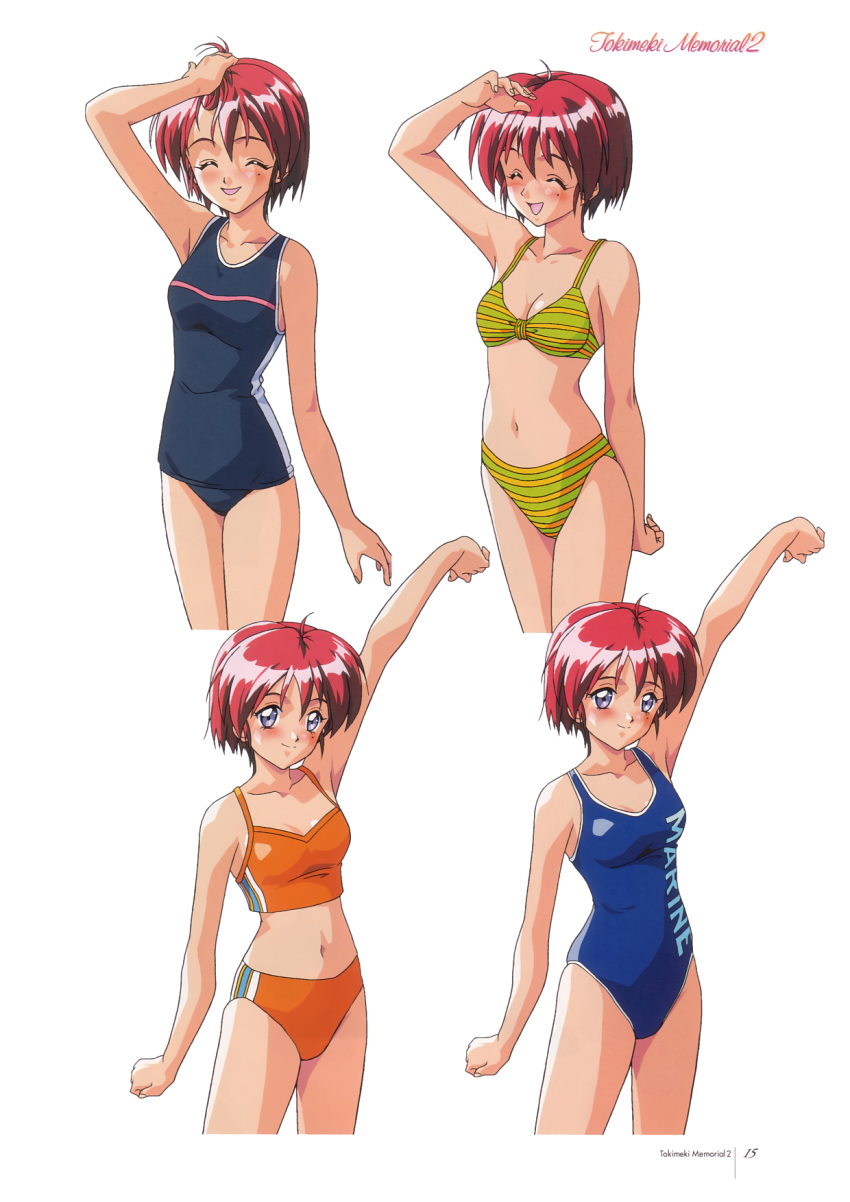 1girl arm_up bangs bikini blue_eyes blue_swimsuit blush casual_one-piece_swimsuit closed_eyes clothes_writing copyright_name cropped_legs hand_on_own_head highres hinomoto_hikari kokura_masashi looking_at_viewer mole mole_under_eye multiple_views navel non-web_source official_art one-piece_swimsuit open_mouth orange_bikini page_number red_hair short_hair simple_background smile striped striped_bikini swimsuit tokimeki_memorial tokimeki_memorial_2 variations white_background