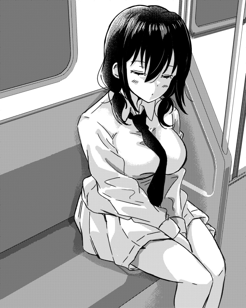 1girl absurdres alternate_breast_size bangs between_legs blush breasts closed_eyes closed_mouth collared_shirt commentary_request greyscale halftone hand_between_legs highres large_breasts long_hair long_sleeves low_twintails miniskirt monochrome necktie own_hands_together pleated_skirt school_uniform seat shirt sitting skirt sleeping sleeping_upright solo tamura_yuri train_interior twintails v_arms wata9mm_no watashi_ga_motenai_no_wa_dou_kangaetemo_omaera_ga_warui!