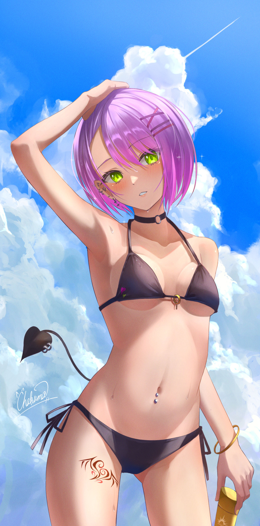 1girl absurdres arm_up armpits bikini black_bikini black_choker blue_sky blush bottle breasts chakuma_(yiyh1468) choker cloud collarbone cowboy_shot day demon_tail ear_piercing earrings gold_bracelet green_eyes groin hair_ornament hairclip hand_on_own_head highres holding holding_bottle hololive jewelry leg_tattoo looking_at_viewer lotion multicolored_hair navel navel_piercing outdoors parted_lips piercing pink_hair purple_hair side-tie_bikini signature sky small_breasts solo sparkle stomach sunscreen swimsuit tail tail_ornament tail_ring tattoo tokoyami_towa two-tone_hair underboob virtual_youtuber wet x_hair_ornament