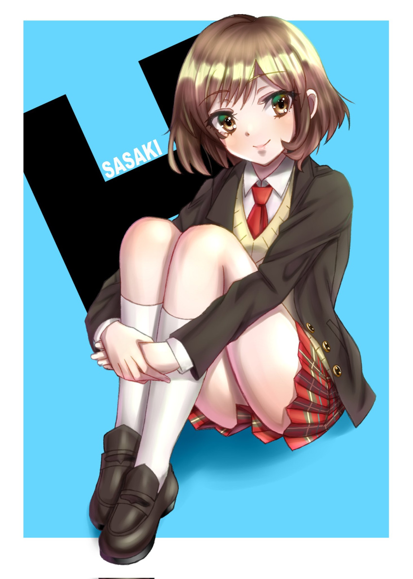 1girl bangs bickle_(bickle1983) blazer blush border brown_eyes brown_footwear brown_hair brown_jacket character_name closed_mouth commentary_request h highres jacket kneehighs loafers long_sleeves necktie plaid plaid_skirt red_necktie red_skirt sasaki_(suzumiya_haruhi) school_uniform shirt shoes short_hair sitting skirt smile solo suzumiya_haruhi_no_yuuutsu sweater_vest white_border white_legwear white_shirt yellow_sweater_vest