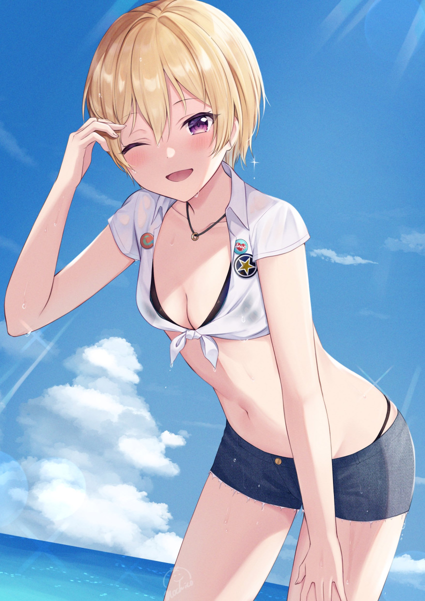 1girl ;d absurdres bikini bikini_under_clothes black_bikini blonde_hair blue_sky blush cloud crop_top denim denim_shorts highres horizon idolmaster idolmaster_shiny_colors leaning_forward light_rays looking_at_viewer mochiko_(uyu_omochi) ocean one_eye_closed outdoors saijo_juri shirt short_hair short_shorts shorts sky smile solo swimsuit tied_shirt water_drop white_shirt