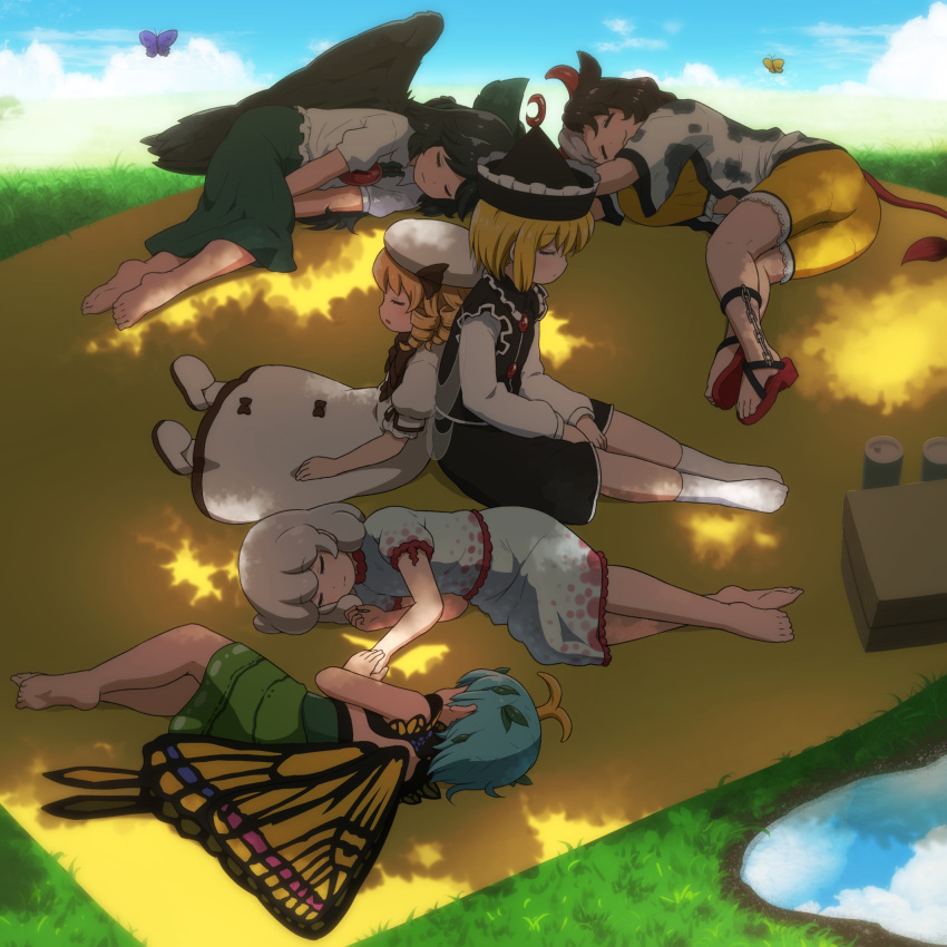 6+girls animal_print back-to-back barefoot beret black_hair black_headwear black_skirt black_vest black_wings blonde_hair blue_hair blue_sky butterfly_wings closed_eyes cloud commentary_request cow_horns cow_print cow_tail day dress drill_hair ebisu_eika eternity_larva grass green_skirt grey_hair hat highres holding_hands horns leaf leaf_on_head long_hair long_sleeves luna_child lunasa_prismriver lying multiple_girls no_shoes on_side outdoors reiuji_utsuho shade shirosato shirt short_hair short_sleeves shorts sitting skirt sky sleeping socks tail touhou ushizaki_urumi vest white_dress white_headwear white_legwear white_shirt wings yellow_shorts