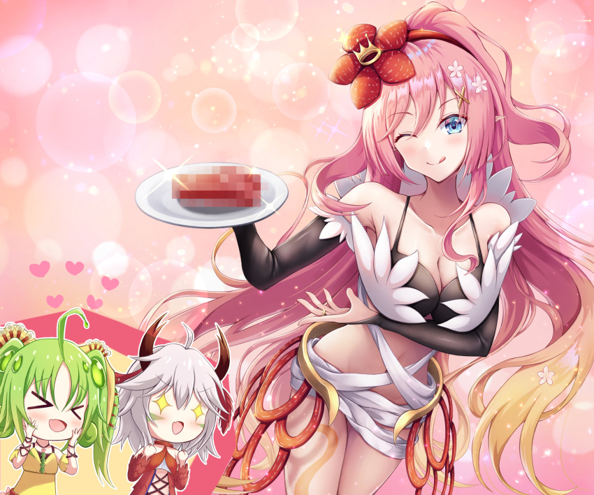 &gt;_&lt; 3girls bra breasts censored chibi cleavage duel_monster flower gradient_hair hair_flower hair_ornament highres holding holding_plate long_hair medium_breasts midriff mosaic_censoring multicolored_hair multiple_girls navel no_panties one_eye_closed pink_hair plate rafflesia_(flower) revealing_clothes smile solo_focus tongue tongue_out traptrix_myrmeleo traptrix_rafflesia traptrix_sera underwear unisenpai very_long_hair yu-gi-oh!