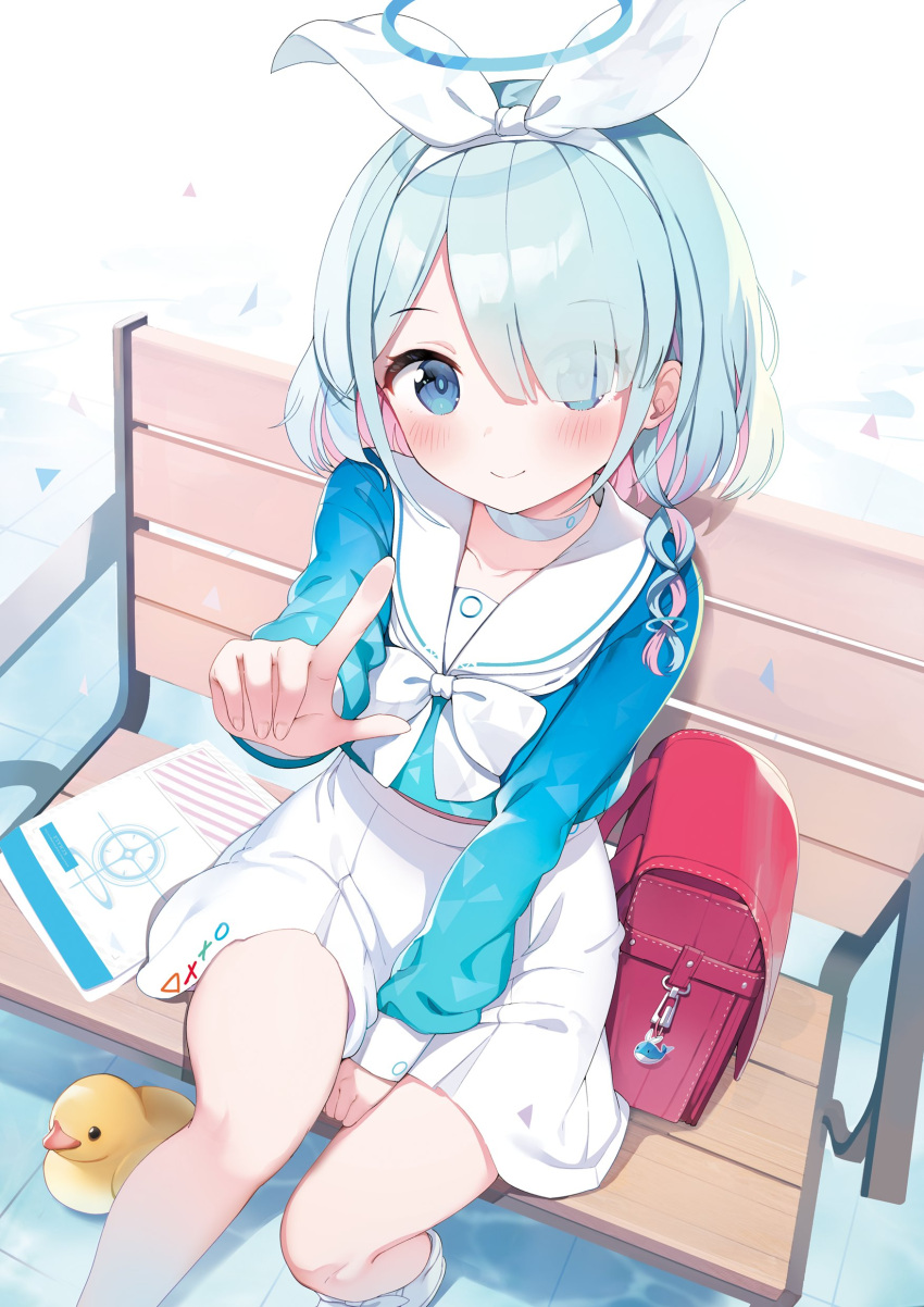 1girl absurdres arona_(blue_archive) backpack bag bench blue_archive blue_eyes blue_hair blue_serafuku blue_shirt bow bow_hairband braid choker colored_inner_hair hair_over_one_eye hairband halo highres jehyun multicolored_hair neckerchief pink_hair randoseru rubber_duck sailor_collar school_uniform serafuku shirt shoes short_hair single_braid sitting skirt sneakers white_bow white_choker white_footwear white_hairband white_neckerchief white_sailor_collar white_skirt